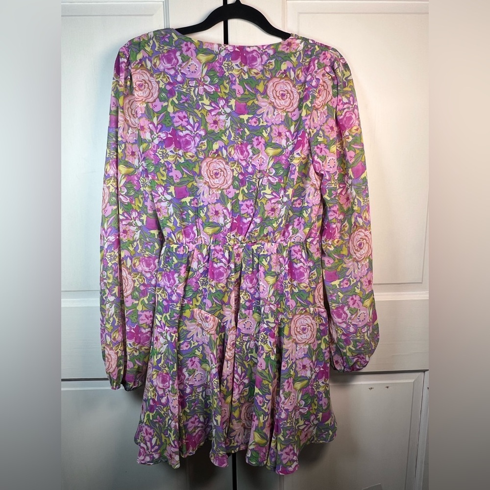 LUSH Floral Long Sleeve Faux Wrap Minidress Lined Size Medium - Picture 6 of 9